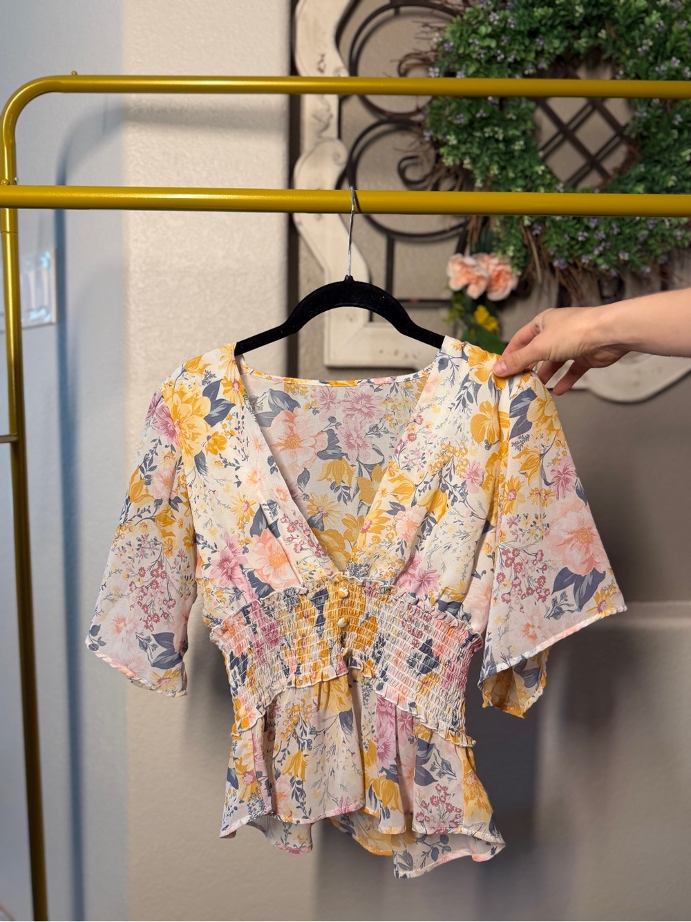 Floral Smocked V-Neck Peplum Blouse - Yellow & Pink